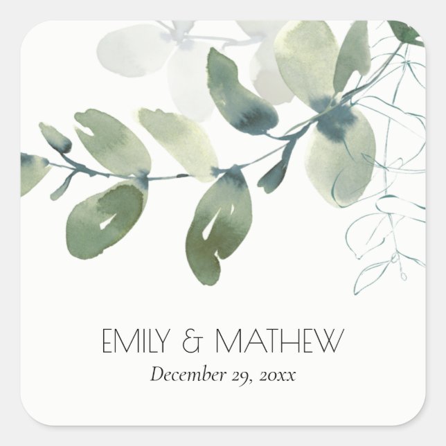 MODERN GREEN EUCALYPTUS FOLIAGE WATERCOLOR WEDDING SQUARE STICKER (Front)