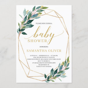 Modern Green eucalyptus gold geometric baby shower Invitation