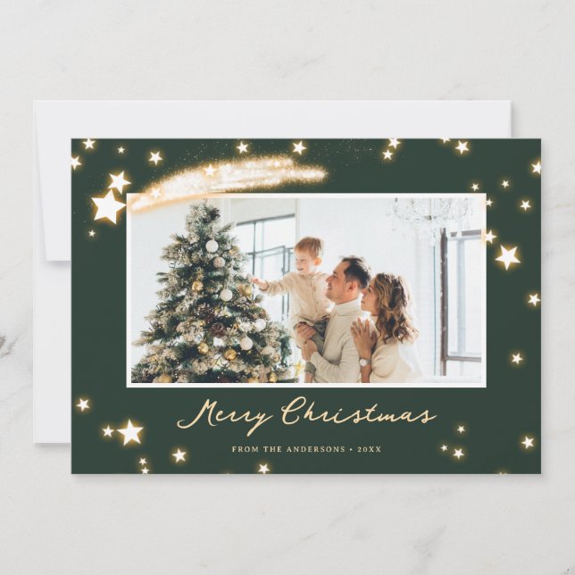 Modern Green Falling Star Photo Christmas Card (Front)