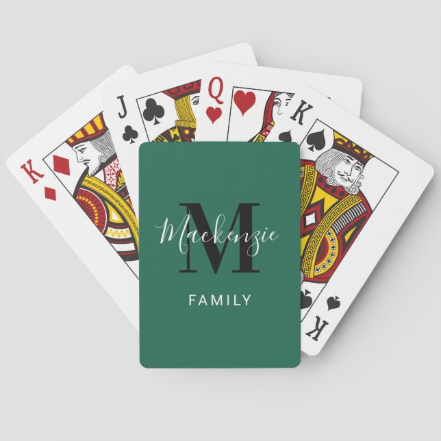 Modern Green Family Monogram Custom Playing Cards (Back)