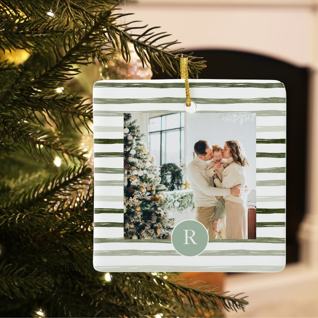 Modern Green | Family Photo | Initial  Ceramic Ornament (Creator Uploaded)