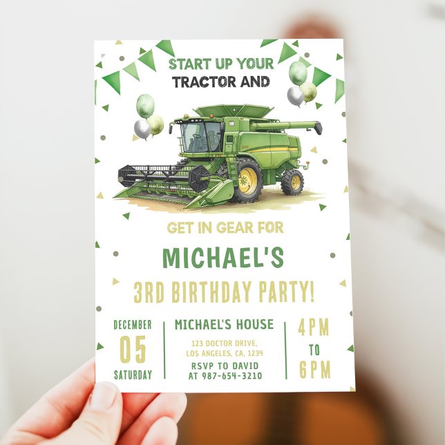 Modern Green Farm Tractor 3rd Birthday Invitation (Creator Uploaded)