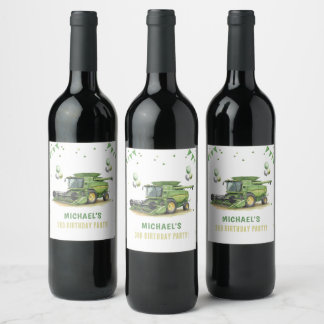 Modern Green Farm Tractor 3rd Birthday Wine Label