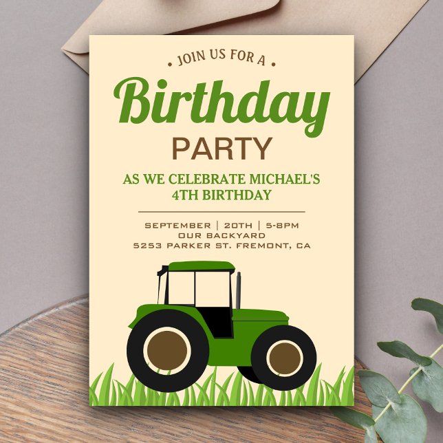 Modern Green Farm Tractor Kids Birthday Party Invitation (Creator Uploaded)