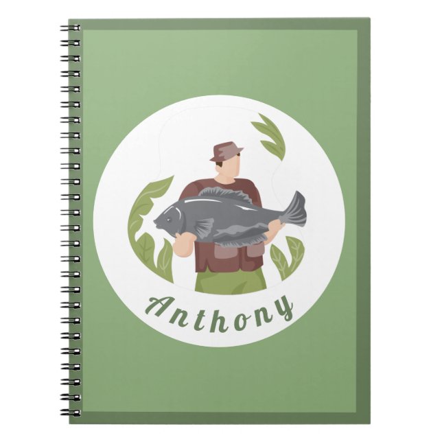 Modern Green Fisherman Illustration Fishing Name  Notebook (Front)