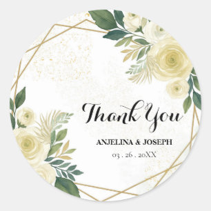 Modern  Green Floral gold Wedding Favour Thank You Classic Round Sticker