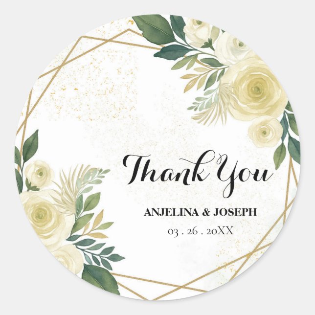 Modern  Green Floral gold Wedding Favour Thank You Classic Round Sticker (Front)