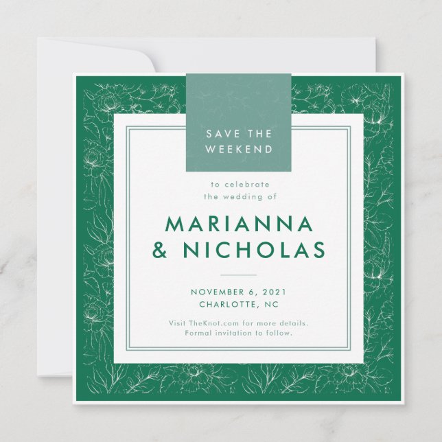 Modern Green Floral Pattern Wedding Save the Date (Front)