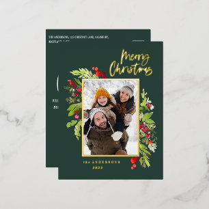 Modern green foliage elegant photo Christmas Foil Holiday Postcard
