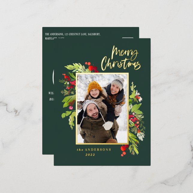 Modern green foliage elegant photo Christmas Foil Holiday Postcard (Front/Back)