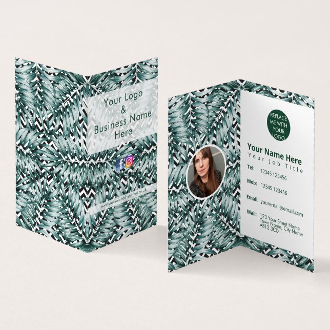 Modern green foliage fern leaf on monochrome business card (Inside and Outside)