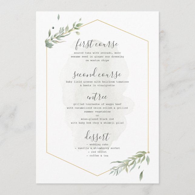 Modern Green Foliage Gold Frame Wedding Menu (Front)