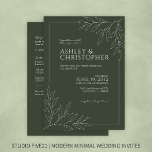 Modern Green Foliage Outline All-in-One Wedding Invitation