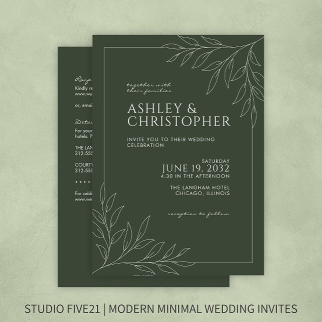 Modern Green Foliage Outline All-in-One Wedding Invitation (Creator Uploaded)