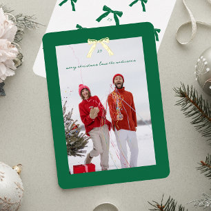 Modern Green Frame Christmas Gold Bow Photo Foil Holiday Card