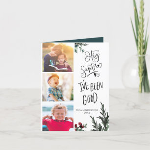 Modern Green Fun Script Hey Santa Pine Bough Photo Holiday Card