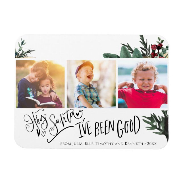 Modern Green Fun Script Hey Santa Pine Bough Photo Magnet (Horizontal)