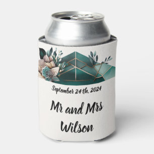 Modern Green Geometric Design Pink Flower Can Cooler