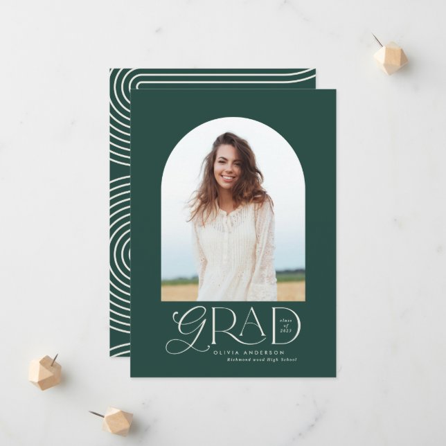 Modern green geometric photo arch graduation announcement (Front/Back In Situ)