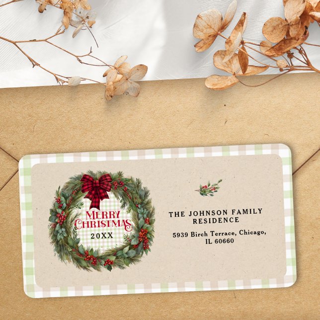 Modern Green Gingham Farmhouse Christmas Wreath Label (Creator Uploaded)