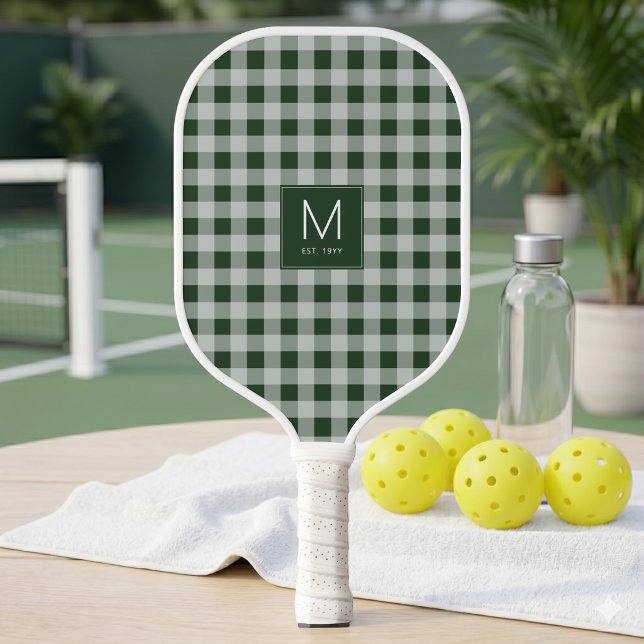 Modern Green Gingham Monogram Established Est Pickleball Paddle (Modern Green Gingham Monogram Established Est Pickleball Paddle)