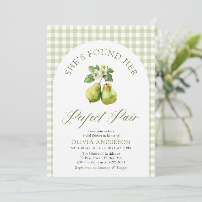 Modern Green Gingham Perfect Pair Bridal Shower Invitation (Standing Front)