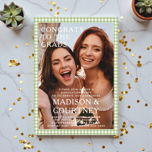 Modern Green Gingham Photo Graduation Party Acrylic Invitations (Creator Uploaded)