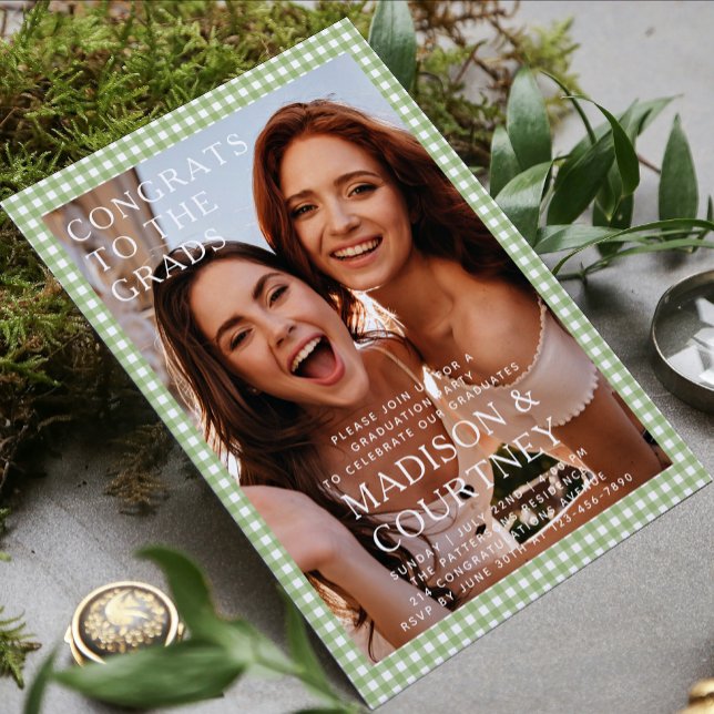 Modern Green Gingham Photo Graduation Party Invitation (Creator Uploaded)