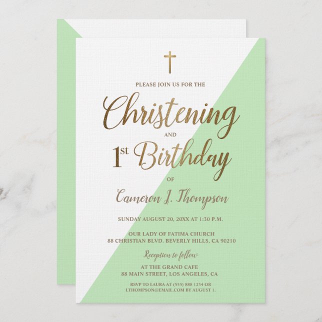 Modern Green Gold 1st Birthday Christening Invitation (Front/Back)