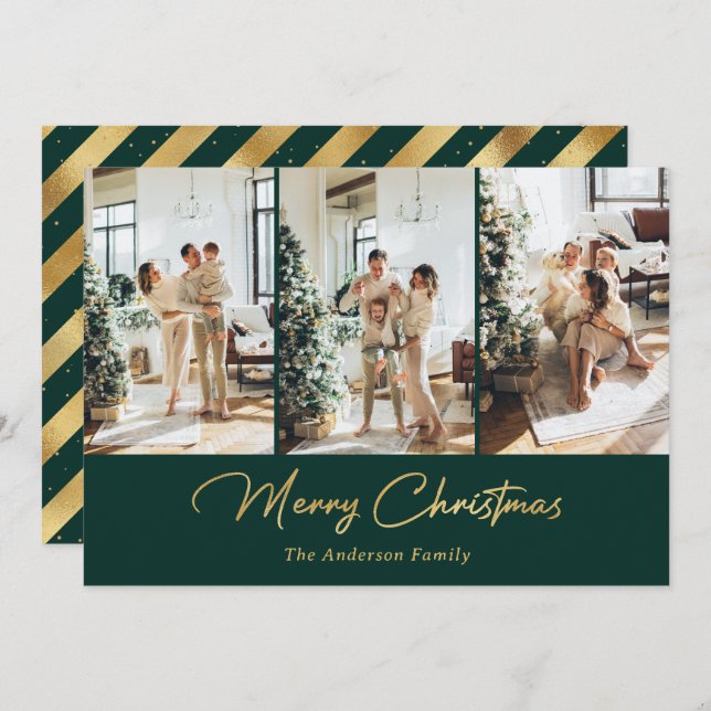 Modern Green Gold 3 Photo Merry Christmas Holiday Card (Front/Back)