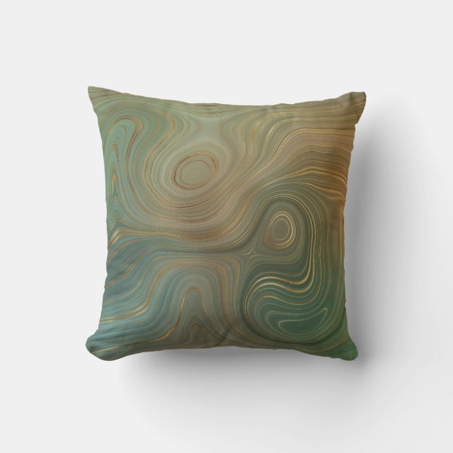 Modern Green Gold Abstract Swirls Cushion (Front)