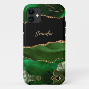 Modern Green Gold Agate Crystal Personalise iPhone 11 Case