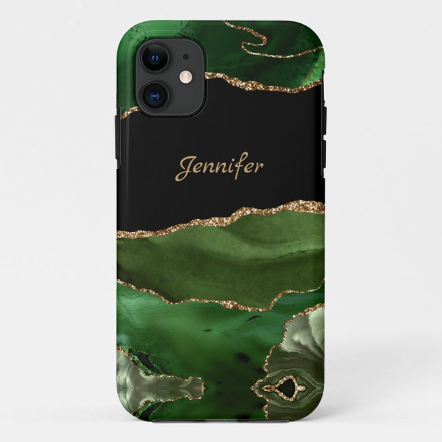 Modern Green Gold Agate Crystal Personalise Case-Mate iPhone Case (Back)