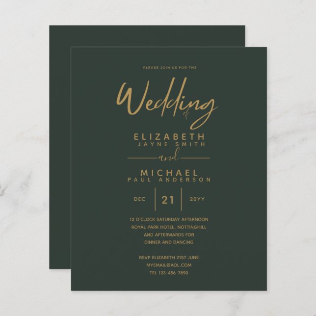 Modern Green Gold Budget Wedding Invites (Front/Back)