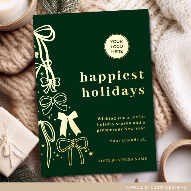 Modern Green Gold Business Christmas Holiday Card (Card is shown in 5 x 7 inches, personalize it with your logo and message. Choose foil color)