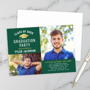 Modern Green Gold Cap Photo Graduation Party Invitation