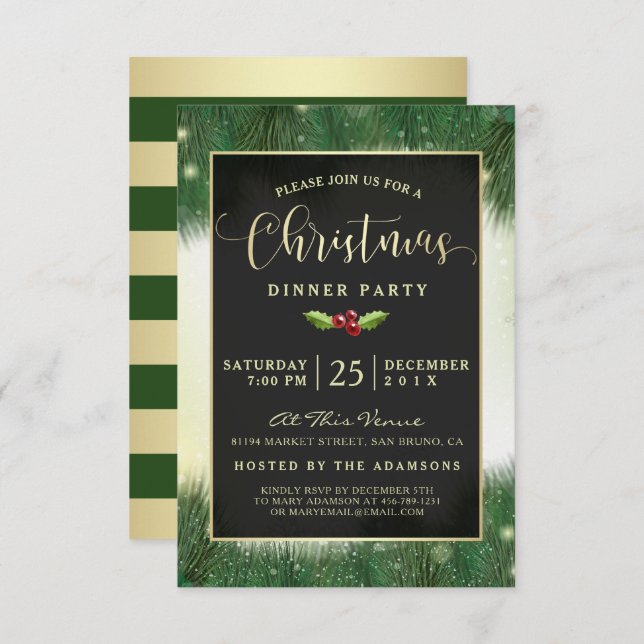 Modern Green & Gold Christmas Dinner Party Invites (Front/Back)
