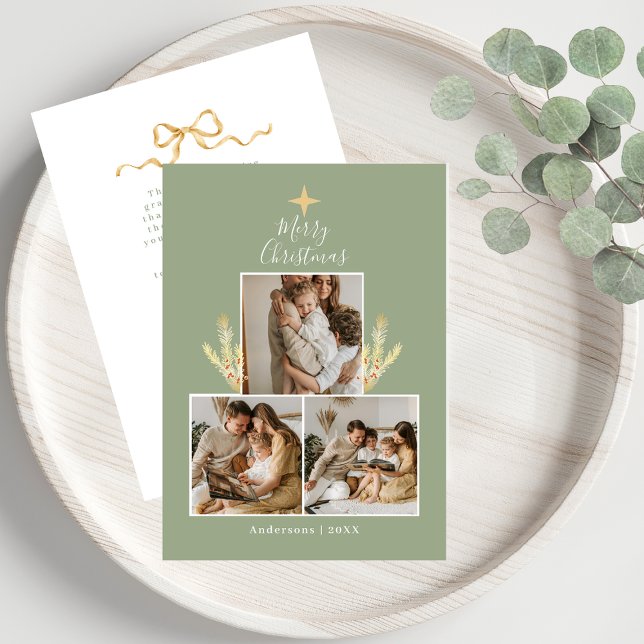 Modern Green & Gold Christmas Tree 3 Photo Collage Holiday Card (Creator Uploaded)