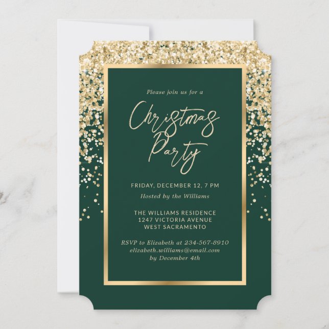 Modern Green Gold Confetti Christmas Party Invitation (Front)