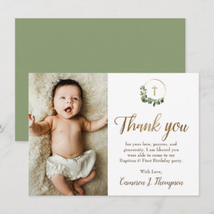 Modern Green Gold Cross baptism 1st birthday photo Thank You Card