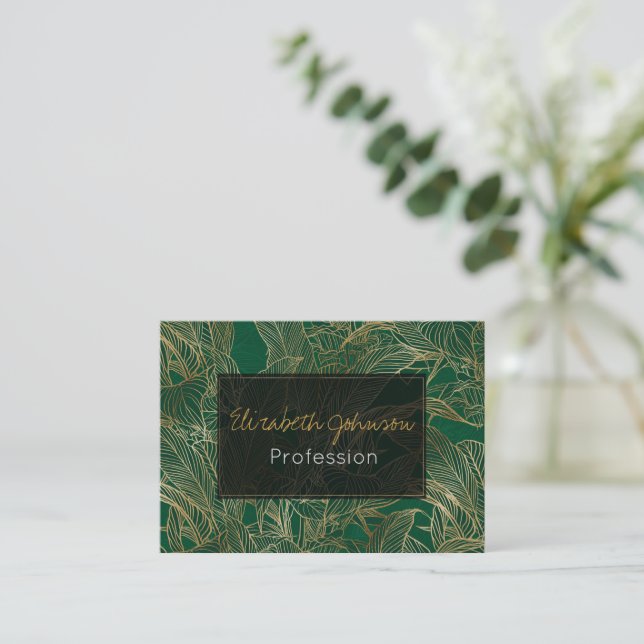 Modern Green Gold Foliage Plant Botanical Design Business Card (Standing Front)