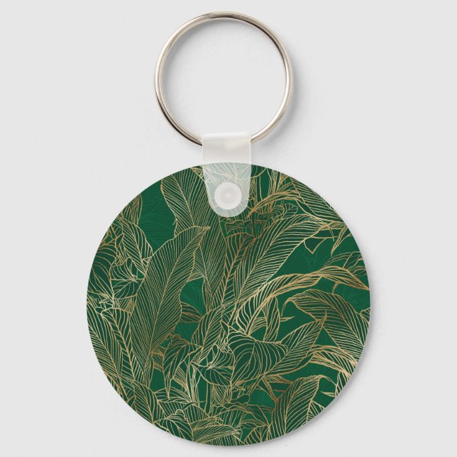 Modern Green Gold Foliage Plant Botanical Design Key Ring (Front)