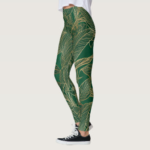Modern Green Gold Foliage Plant Botanical Design Leggings