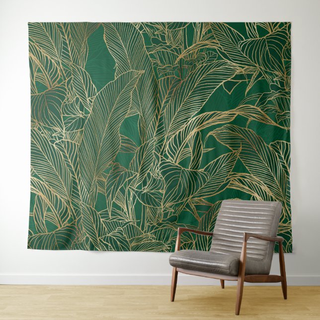Modern Green Gold Foliage Plant Botanical Design Tapestry (In Situ (Horizontal))