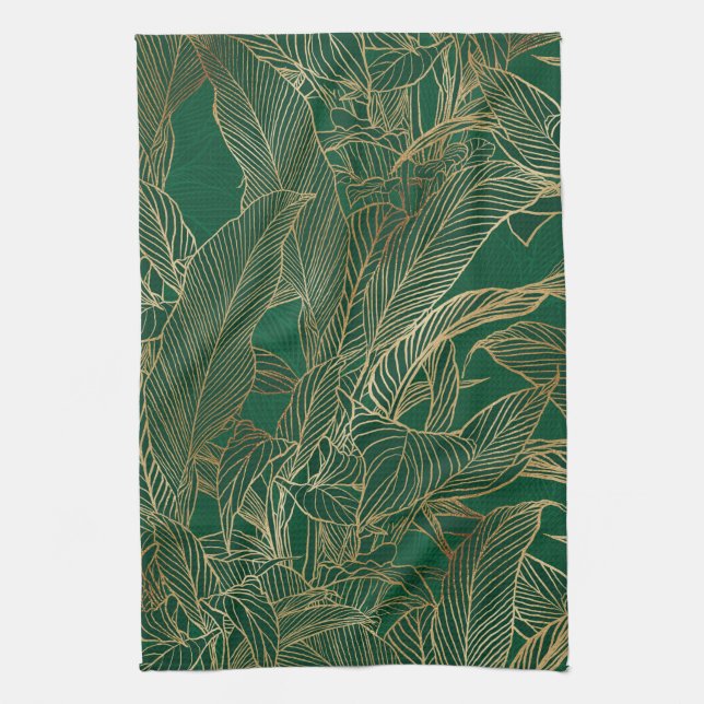Modern Green Gold Foliage Plant Botanical Design Tea Towel (Vertical)