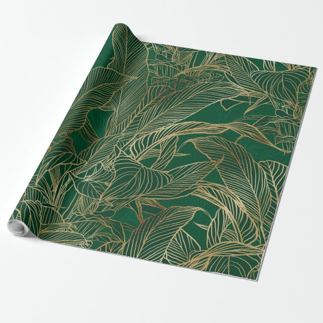 Modern Green Gold Foliage Plant Botanical Design Wrapping Paper (Unrolled)