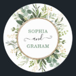 Modern Green Gold Garden Greenery Wedding Classic Round Sticker<br><div class="desc">This classy round sticker features beautiful watercolor greenery in green and gold complimented with modern and stylish lettering. Use the template fields to add your own wording. Please click the "Customise Further" button to re-arrange elements if required.</div>