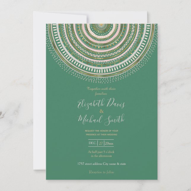 Modern Green Gold Geometric Mandala Invitation (Front)