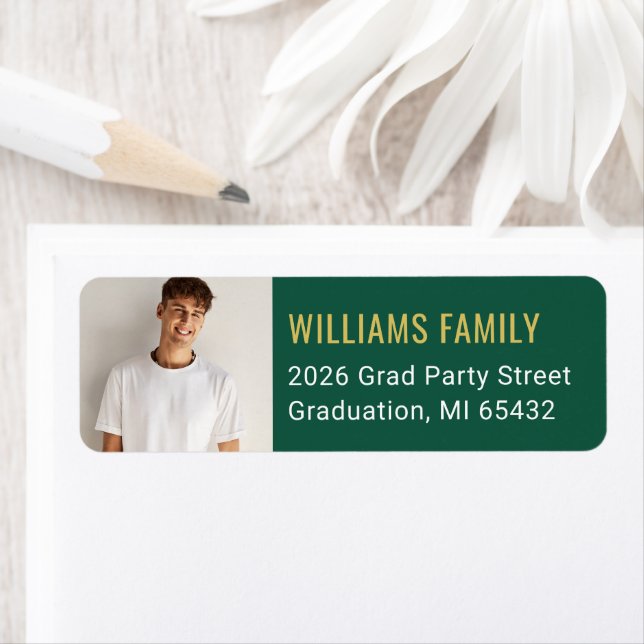 Modern Green Gold Graduation Photo Return Address Label (Insitu)