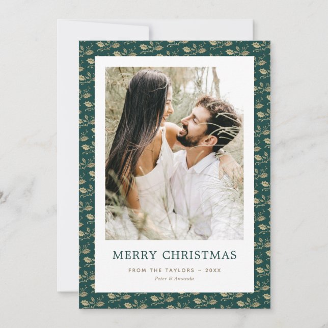 Modern Green Gold Holly Photo Merry Christmas Card (Front)